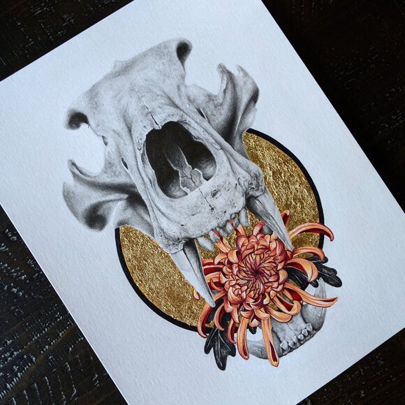 Original Art Print Skull and Chrysanthemum Fine Art Gold Leaf Embellished - Picture 1 of 4